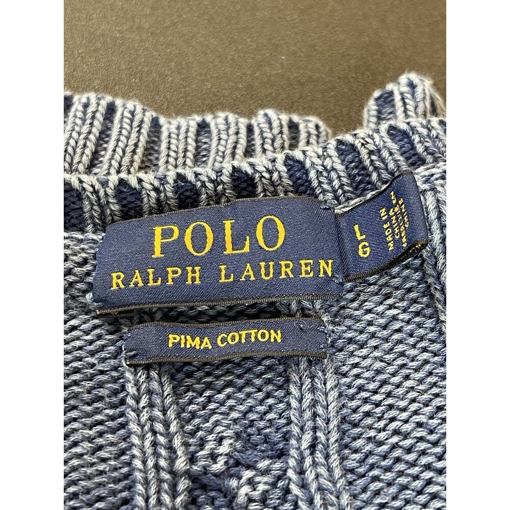 Polo Ralph Lauren Women’s Sweater L Distressed Blue Cable Knit V-Neck Preppy - Picture 10 of 11